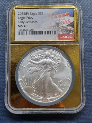 2025 P Silver Eagle w Privy NGC MS70 GOLDEN LAS VEGAS SLAB EARLY RELEASES #92429 - Image 1 of 2