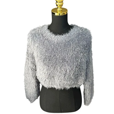 Volcom Women’s 90s Style Fuzzy Cropped Sweater Gray-Blue Size Small - Image 1 of 4