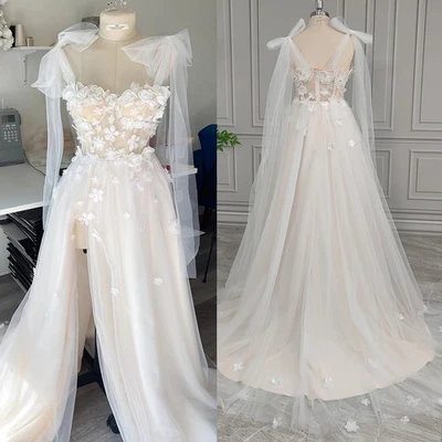 Boho A-Line Wedding Dress Spaghetti Strap High Split Lace 3D Flower Bridal Gowns - Image 1 of 4