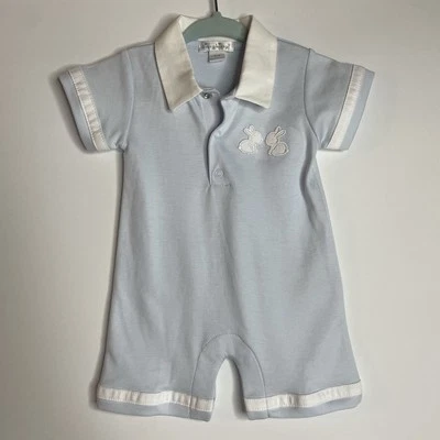 Kissy Kissy 0-3 Blue & White Pique Bunny Bash Blue Short Playsuit Easter Preppy - Image 1 of 4