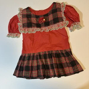 Vtg 80s 90s Handmade Christmas Plaid Dress Sz S Drop Waist Lace Trim Puff Sleeve - Picture 1 of 5