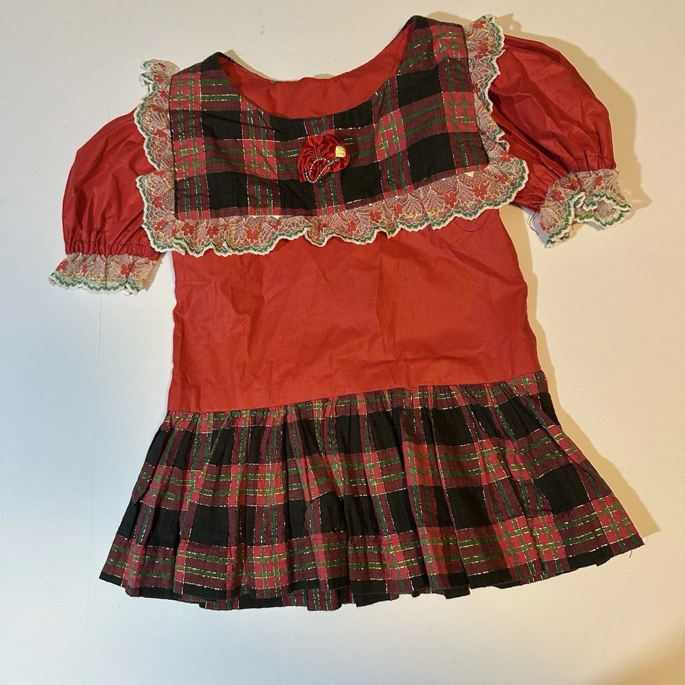 Vestido De Colección Años 80 90 Hecho a Mano Navidad A Cuadros Talla S Cintura Caída Encaje Borde Manga Abullonada Foto 1 de 4