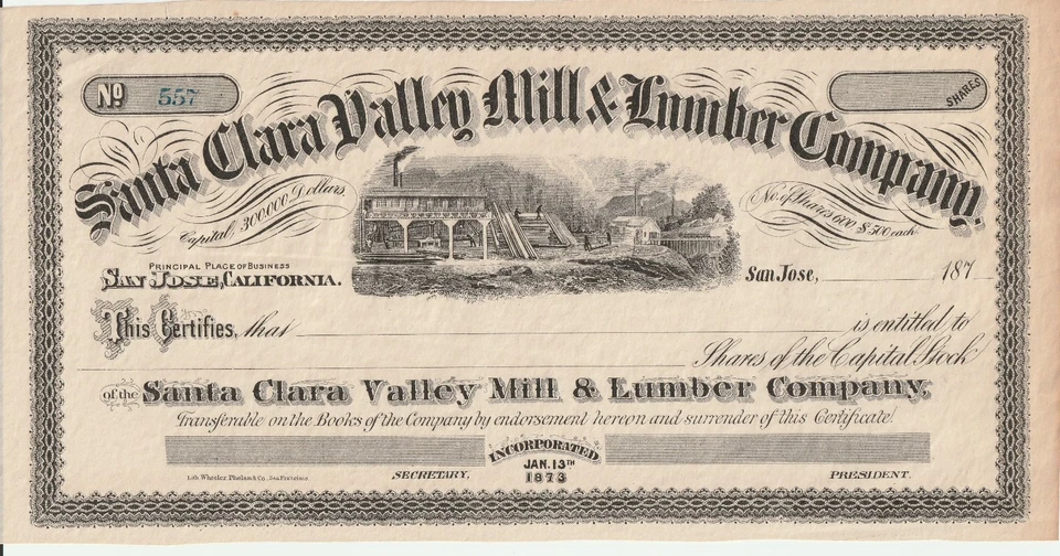 库存-圣克拉拉谷磨坊和木材公司-加利福尼亚州圣何塞 19 世纪 70 年代未发行 — 第 1/1 张图片