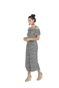 Mud Pie Jasmine Jumpsuit Women's Small Black White Leaf Off The Shoulder - Picture 1 of 9