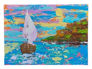 Sailboat Seascape Original Painting Handmade Small Gift for Her Wall Art OOAK - Picture 1 of 23