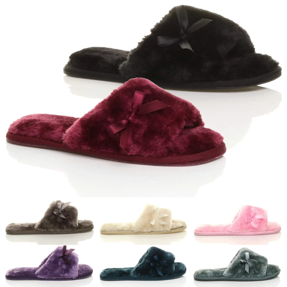 AJVANI WOMENS LADIES FLAT PEEP TOE BOW LUXURY COSY FUR LINED SLIP ON SLIPPERS SIZE