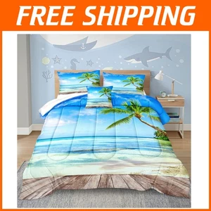 Juego de edredón costero tamaño king - diseño de palmeras oceánicas con ropa de cama de 4 piezas - Imagen 1 de 9