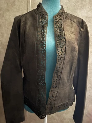 Chaqueta de cuero Bagatelle corte láser frente abierto peltre metálico marrón para mujer larga Foto 1 de 4