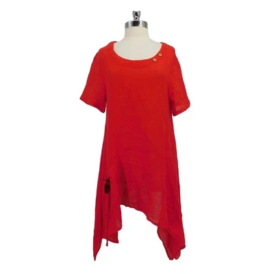 Top túnica roja Del Sol dobladillo asimétrico manga corta S-M detalles con botones Foto 1 de 4