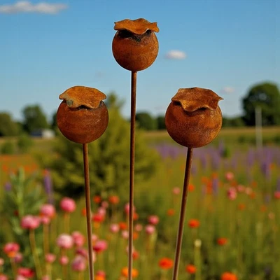 3er Set Gartenstecker Mohn Mohnkapsel Metall Rost Gartendeko Edelrost - Bild 1 von 3