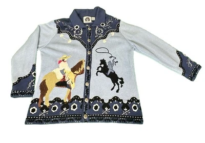 Storybook Knits Cowboy Cardigan Sweater 1X Blue Western Horses Equestrian DUDE - Image 1 of 4