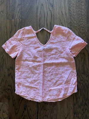 Top Saks Fifth Avenue 100 % lino coral cuello en V para mujer talla pequeña manga corta Foto 1 de 4