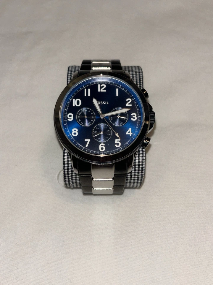 Fossil Watch Mens New Black & Stainless Steel Band Blue Dial NEW - Image 1 of 2