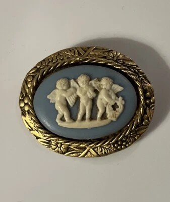 (U1177) Искусственный херувим овальная камея золотистый латунь в рамке синий белый Pin брошь - Изображение 1 из 2