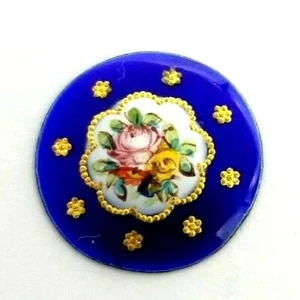  Antique Round Cobalt Blue Enamel Gold Floral Flower Design Plaque 15 mm #B67 - Picture 1 of 2