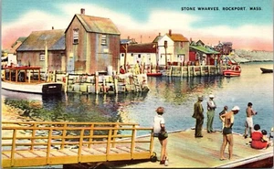 Pocztówka vintage Rockport Massachusetts Stone Wharves - Zdjęcie 1 z 2