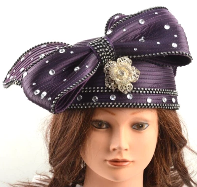 Ben Marc Church Derby Hat Purple Rhinestone Brooch Bow One Size - Image 1 of 4