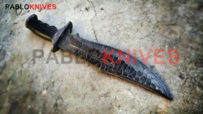 Hand Forged Damascus Steel Hunting Viking Style Black Bowie Knife Bull Horn - Image 1 of 3