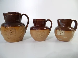 Antique Doulton Lambeth Stoneware Brown Drip Salt Glaze Harvest Jugs x3 - Picture 1 of 24