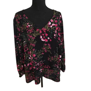 Blusa donna CeCe cravatta floreale maniche 3/4 scollo a V nero rosa taglia 2X Plus - Foto 1 di 11