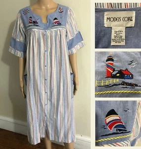 vtg Nautical Embroidered House Coat Sz L Snap Up Pockets Dress Robe Caftan - Picture 1 of 24