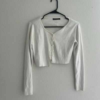 Brandy Melville White Cardigan Ribbed Crop Women's Athelia Knit Top Ivory - Image 1 of 4