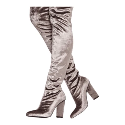 "Bota de terciopelo por encima de la rodilla Misguided talla 9 plateada 4"" tacón sin cordones sexy retro Y2K" Foto 1 de 4