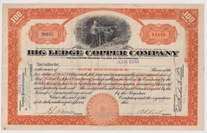 Certificado de acciones de Big Ledge Copper Company Arizona - Imagen 1 de 1