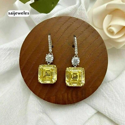 Pendientes colgantes y colgantes de diamantes amarillos creados en laboratorio de corte Asscher de 3 quilates de oro de 14 quilates Foto 1 de 4