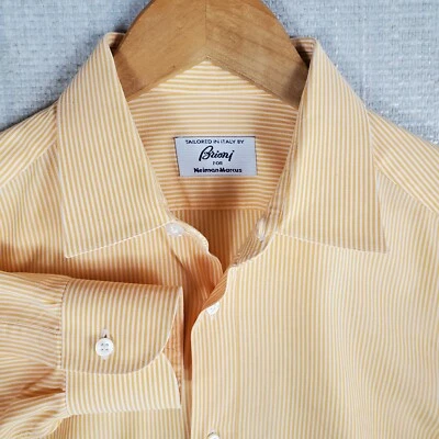BRIONI Size Large Mens Made in Italy Button Front Shirt Orange White Stripes - Image 1 of 4