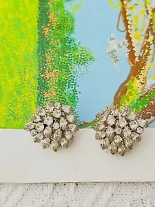 Christian Dior Vintage 1960s Clear Whole Crystals Flower Marquise Clip Earrings - Picture 1 of 12