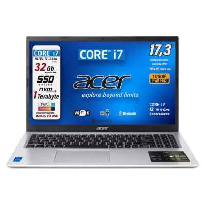 Notebook Acer Aspire Intel Core i7 1255U SSD 1TB RAM 32 GB FHD 17,3" Win11 - Immagine 1 di 4