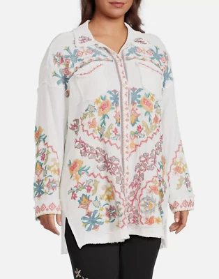 全新带标签 $295 JOHNNY WAS 女式 PXXL 棉纱衬衫花卉刺绣波西米亚 TOYAH — 第 1/4 张图片