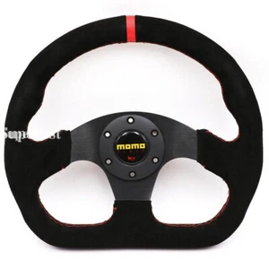 320mm momo Black Suede Leather Racing Flat Rally Sport Drift Steering Wheel #Red - Picture 1 of 5