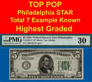 1928 $5 FRN Philadelphia Star PMG 30 Top Pop highest graded 7 known Fr 1950-C* - Picture 1 of 5