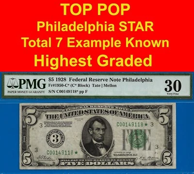 1928 $5 FRN Philadelphia Star PMG 30 Top Pop highest graded 7 known Fr 1950-C* - Image 1 of 4