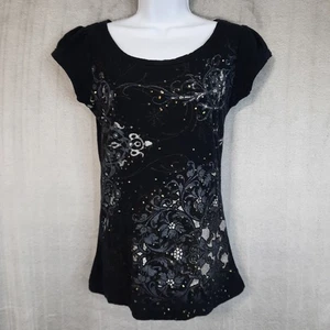 Top a zanna vintage Y2K anni 90 donna medio nero argento scintillante capriccioso fata grunge - Foto 1 di 14
