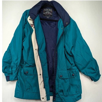 Pacific Trail Teal Navy Blue Beige Colorblock Hooded Jacket L Outdoor Gear - Image 1 of 4