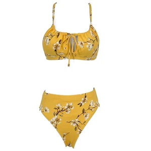 Swimsuit Classic Style Dogwood Floral Bikini Set in Yellow and White Size Small - Picture 1 of 9