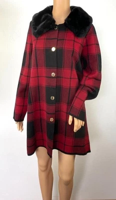 NWT Anne Klein Long Cardigan Coatigan Overcoat Women Sz M Black Titian Red Plaid - Image 1 of 4