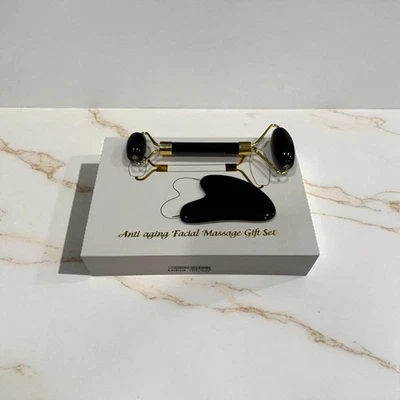 Rodillo de jade y herramienta Gua Sha para rostro | Caja de regalo - Juego de masaje facial antienvejecimiento Foto 1 de 2