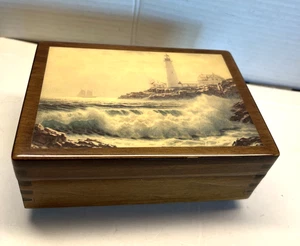 VTG The American Music Box Co Wooden Lacquer Lighthouse Lid, Plays HARBOR LIGHTS - Picture 1 of 9