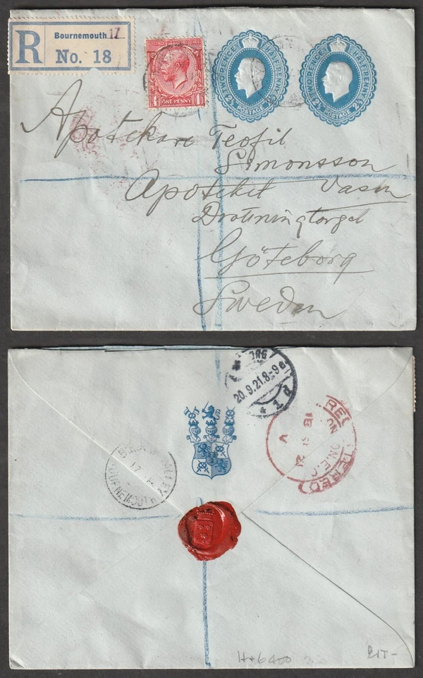 GB to Sweden BOURNEMOUTH 2d 1/2d x2 Compound Registered Stationery 1d 1921 - Image 1 of 1