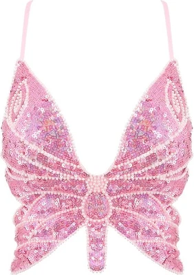 Top corto sexy de lentejuelas con forma de mariposa para mujer talla única, rosa holografía  Foto 1 de 4