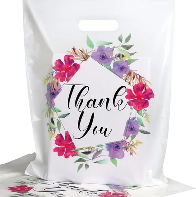Floral Plastic Thank You Bags 12x15 with Handles 50 Pack Retail Gift Boutique