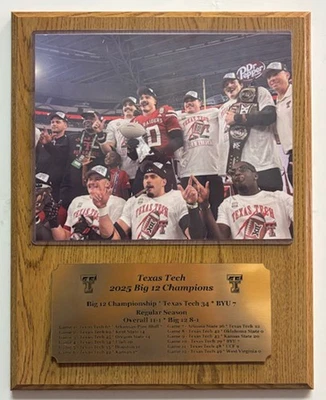 Texas Tech 2025 Big  12 Champions Plaque w Engraved Nameplate w season results - Image 1 of 4