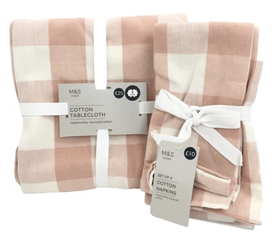 M&S Home Cotton Tablecloth & Set of 4 Cotton Napkins Blush Pink Checked New F1 - Image 1 of 4