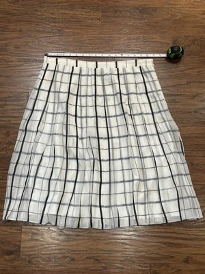 Ann Taylor White Sheer Navy Plaid Pleated Lined Skirt Size 12 Side Zip - Image 1 of 4