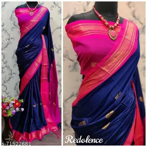 Sari de algodón y seda para mujer con pieza de blusa para correr Foto 1 de 1