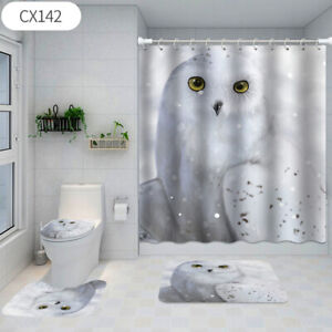 3D White Owl Shower Curtain Non-slip Bath Mat Rug Toilet Lid Cover Set